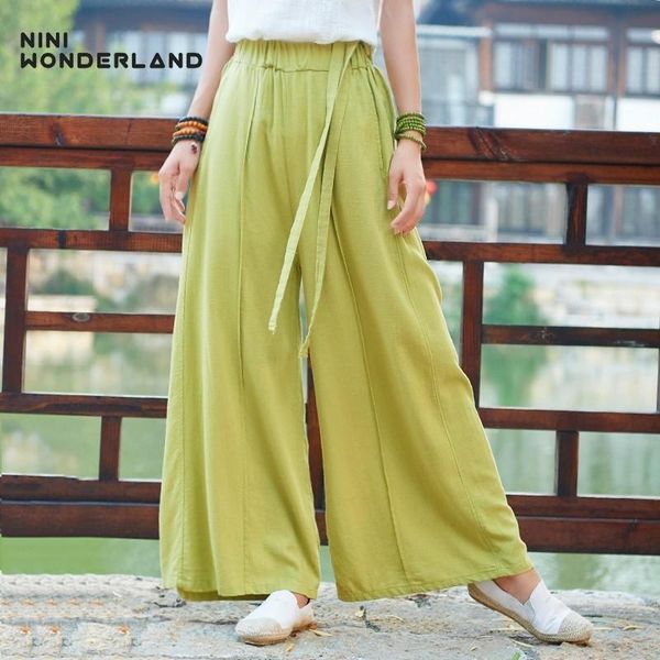 

women's pants & capris nini wonderland women straight 2021 spring cotton linen loose trousers elastic waist classic summer female, Black;white