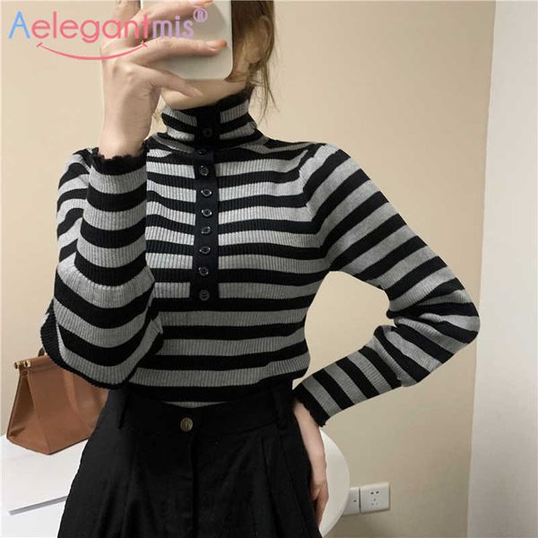

aelegantmis buttons turtleneck stipe pullover women puff sleeve slim thin knitted sweater spring buttoming korean 210607, White;black