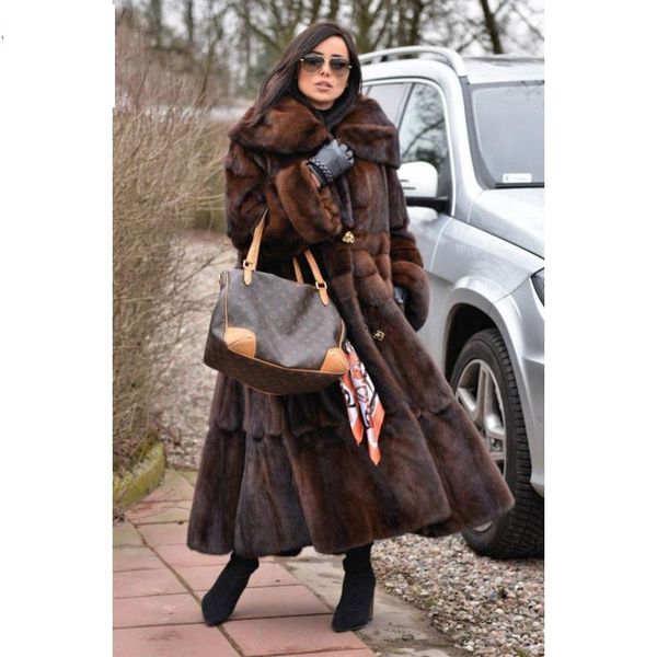 

women's fur & faux 120cm long genuine mink coat plus size woman luxury full pelt real coats with big lapel collar trendy overcoat, Black