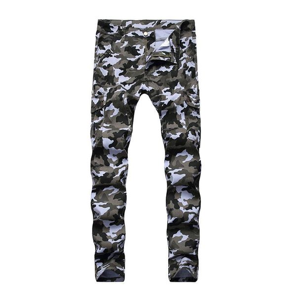 

men cargo camouflage jeans pants multi pockets slim fit stretch denim trousers for male size 28-40 men's, Blue