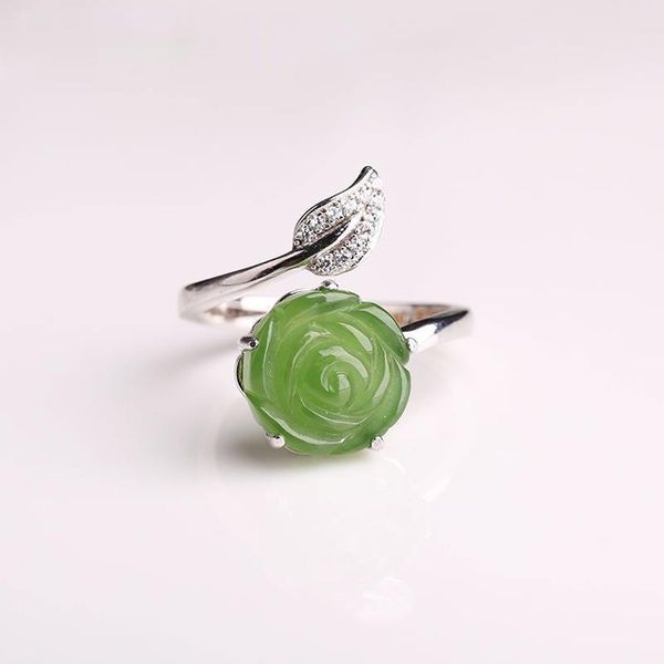 

cluster rings original design natural hetian jasper rose flower creative opening adjustable ring chinese retro charm women's silver jew, Golden;silver