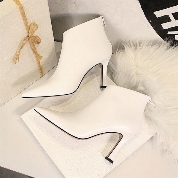 

women 8.5cm high heels pumps pointed toe ankle boots nightclub fashion leather party kitten white shoes, Black