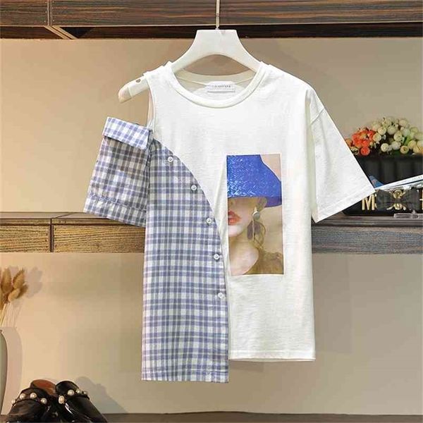 

summer fashion women's o neck short sleeves patchwork plaid girls print casual t-shirt tee a3077 210428, White