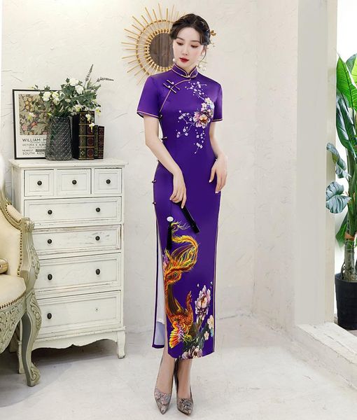 

ethnic clothing autumn floral phoenix printed satin short sleeve long qipao elegant mandarin collar cheongsam size -4xl, Red
