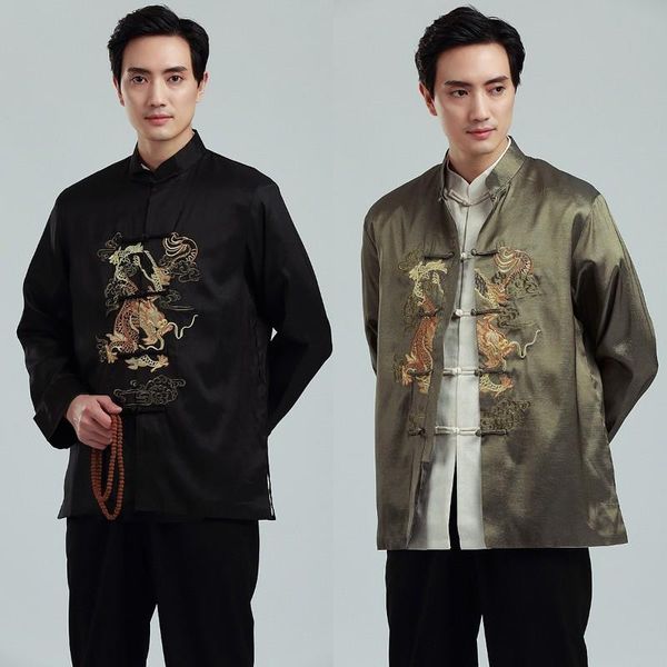 

men's jackets male satin outwear chinese style embroidery dragon jacket men double breasted coat chaquetas hombre, Black;brown
