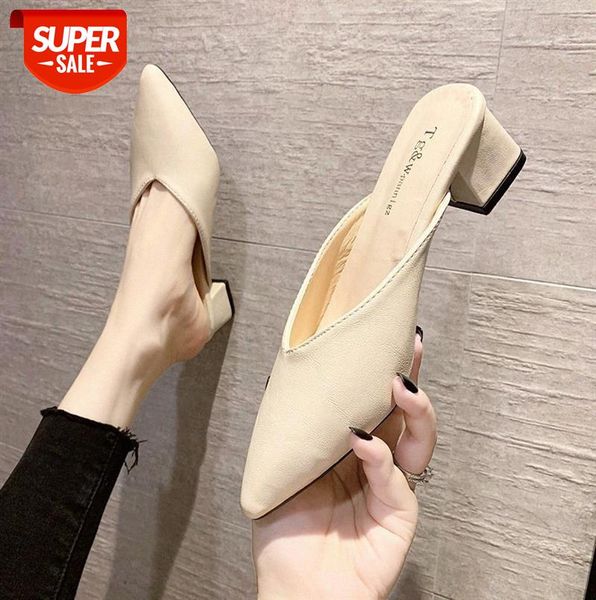 

fitting shoes mid-heel slippers, thick-heeled pointed toe, outer wear toe half-drag sandals and slippers women #dv1y, Black