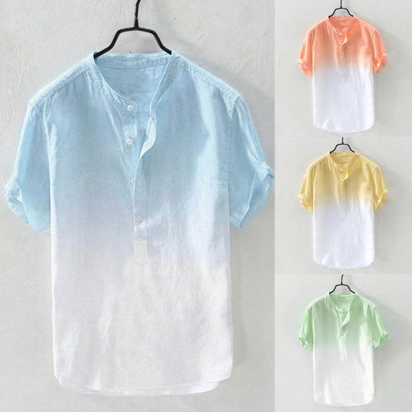 

men's casual shirts summer cardigan cool and thin breathable collar hanging dyed gradient cotton shirt linen male hawaiian camisas, White;black