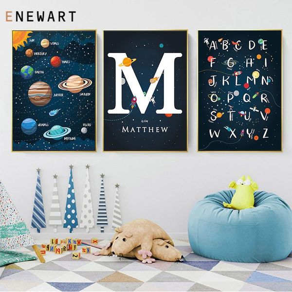 

paintings nursery space theme wall art customized baby name print poster decor cartoon solar system kid's bedroom canvas painting