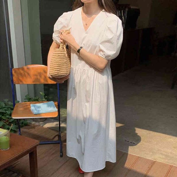 

[ewq] korea summer new fashion elegant casual gentle white v-neck pleated pure color puff sleeve dress women 16f1160 210423, Black;gray