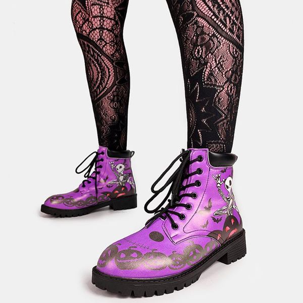 

brand big size 43 cool skulls butterfly rose flowers printed gothic style ankle booties fashion boots street women shoes, Black