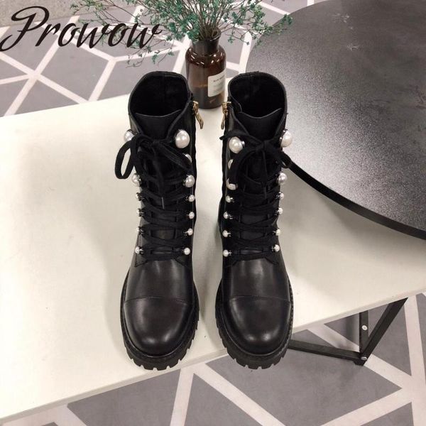 

boots prowowgenuine leather round toe gladiator lace up short thick heel pearl beading luxury shoes women winter, Black