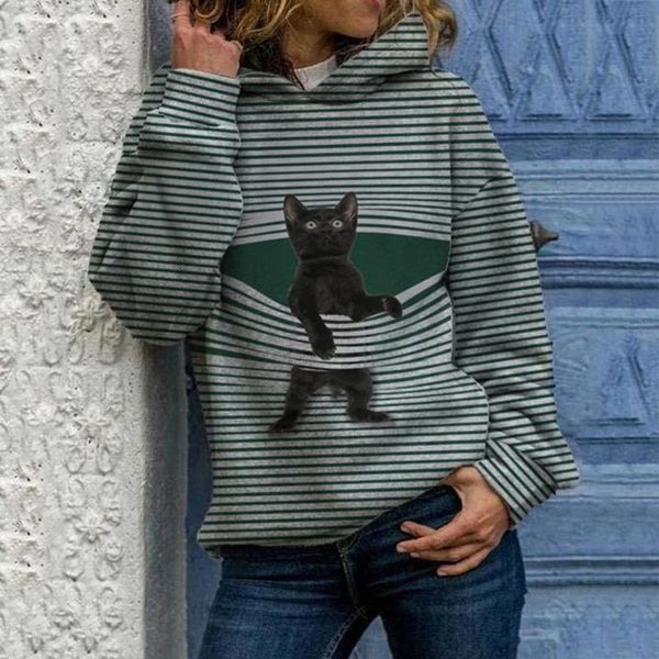 

winter women plus size 3d animal striped printed hooded hoodies casual pullover long sleeve sweatshirt sudaderas mujer#g3 women's & sw, Black