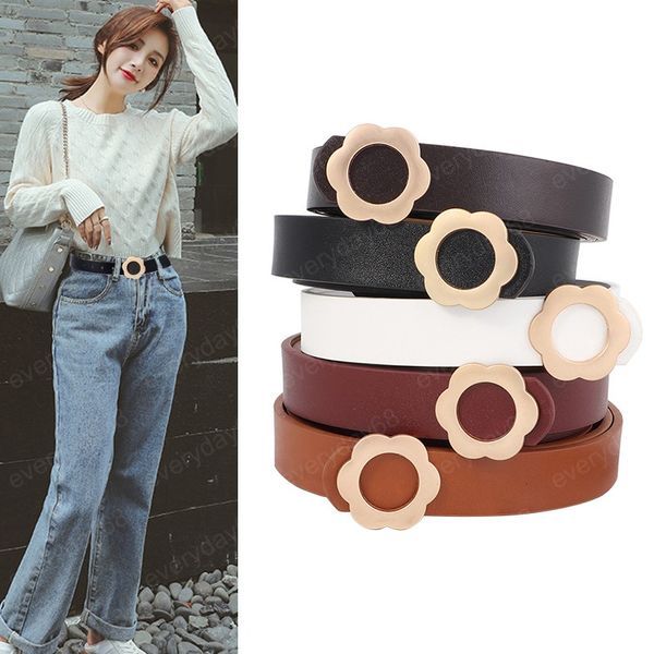 

thin pu leather belt women lady gold flower buckle waist belts female fashion coat dress straps waistbands, Black;brown