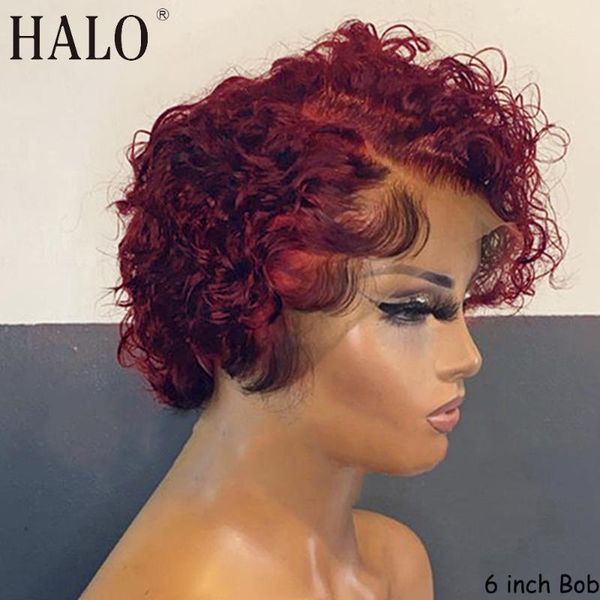 

lace wigs halo pixie cut burgundy wig for women 99j curly human hair bleached knots t part short bob baby remy, Black;brown
