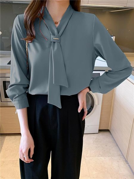 

women's blouses & shirts houthion silk satin slim fashion long sleeve casual blouse solid color bow tie shirt lady blusas, White