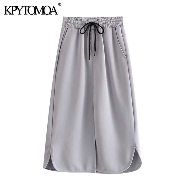 

women fashion with drawstrings slit hem midi skirt vintage high elastic waist side pockets female skirts mujer 210420, Black