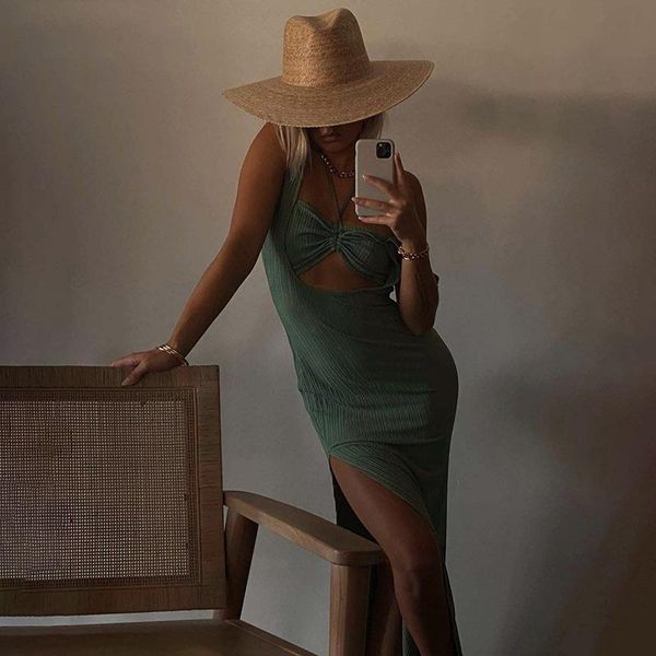 

casual dresses bandage wrap long dress summer cut out sleeveless backless maxi women elegant green party, Black;gray