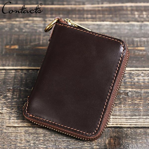 Carteiras Contato Couro Completo de Petróleo Homens Carteira Pequeno Slim Masculino Bolsa Cartão Titular YKK Marca Zipper com Airtag Mini Dinheiro Bolso