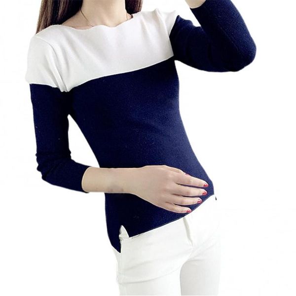 

women casual long sleeve color block slim basic knitwear autumn winter blouse high-low hem ropa mujer 2021 women's t-shirt, White