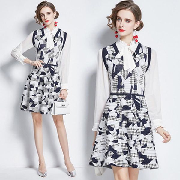

women spring elegant sweater dress preppy style party robe femme vintage bow designer vestidos casual dresses, Black;gray