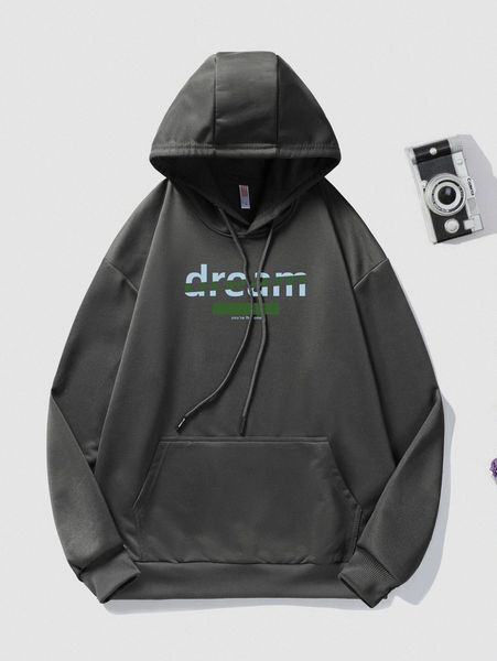 

men drop shoulder letter pattern kangaroo pocket drawstring hoodie x5kt#, Black