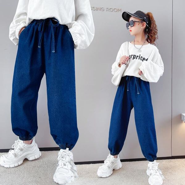 

jeans girls 2022 spring autumn kids children cargo pants solid teenager school for 4 to 13 years denim trousers, Blue