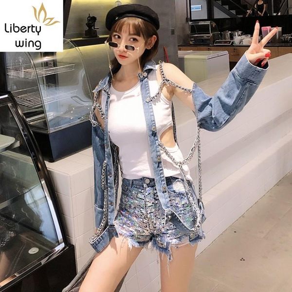 

women's jackets punk rock chain denim women hole hollow out long sleeve hip hop jeans jacket coats ladies fashion streetwear, Black;brown