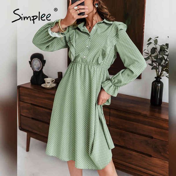 

spring green polka dot print long sleeve women dress elegant high waist ruffled a-line casual office vestidos 210414, Black;gray