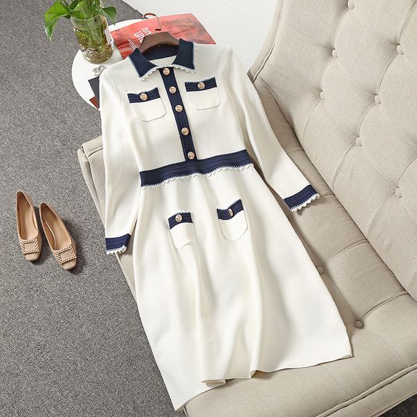 

2021 fall autumn long sleeve lapel neck white / blue contrast color knitted panelled buttons mid-calf a-line dress elegant casual dresses 21, Black;gray