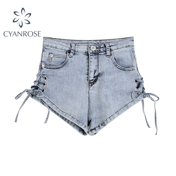 Verão sexy bandagem denim shorts mulheres rendas até bolso jeans estilo coreano streetwear moda feminina 210515