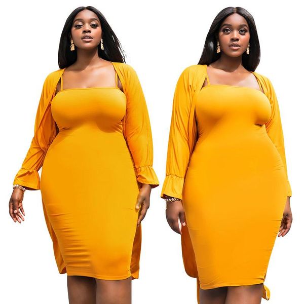 

casual dresses autumn women plus size two pieces dress sets yellow strapless bodycon full sleeve mid-calf cardigan suits, Black;gray