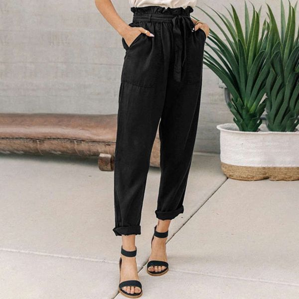 

summer lace up belt solid casual pants women's loose capris 771037, Black;white