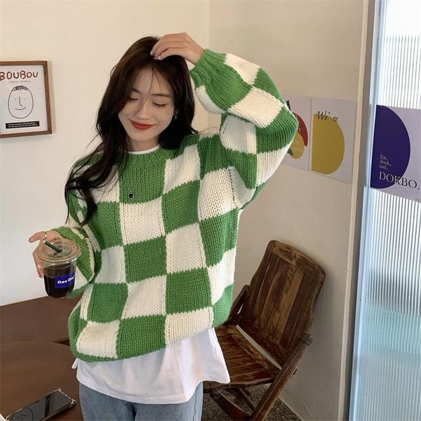 

women's sweaters women vintage green white plaid long sleeve knitted sweater casual pullover femme streetwear knitwear for, White;black