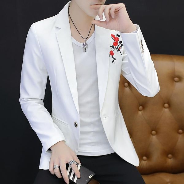 

men's suits & blazers blazer jacket embroidered flower men slim fit for coats black white wine red army green, White;black