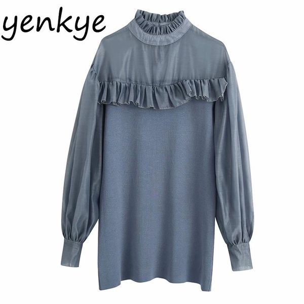 

casual dresses transparent organza patchwork knit dress women long sleeve high neck ruffle straight autumn short vestido, Black;gray
