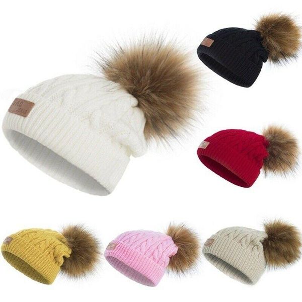 

caps & hats women baby mom warm winter knit beanie fur pom hat crochet ski cap, Yellow