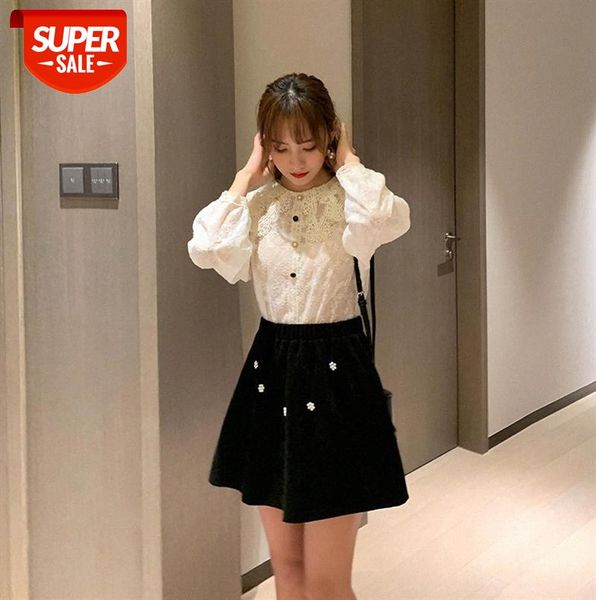 

fashion casual suit women all-match doll collar lace shirt + black a-line skirt two-piece #m35w, Black;gray