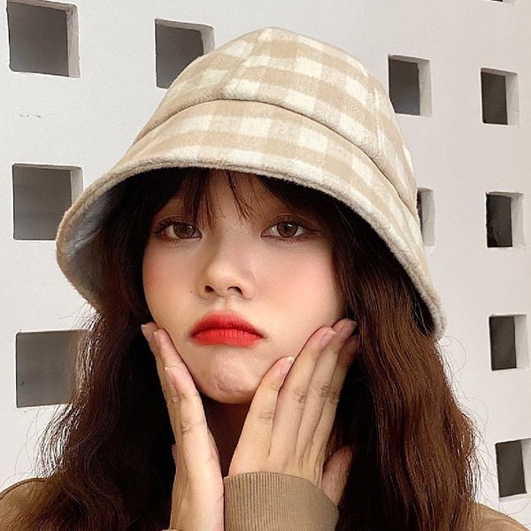 

autumn and winter plaid plush fisherman's hat women's fashion brand show face small plaid warm basin hat fashion leisure sunshade