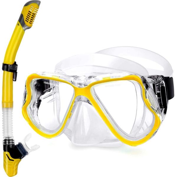 

diving masks snorkel set, anti-fog mask with impact resistant panoramic tempered glass dry silicone