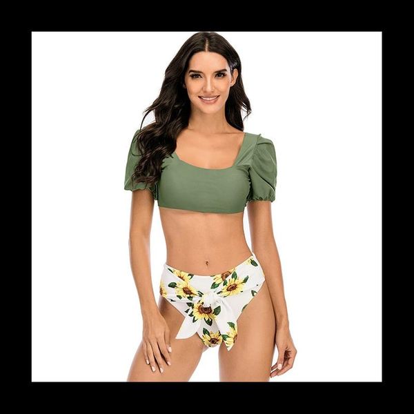 

women's swimwear summer puff sleeve floral print bikini set one-neck high waist lace womens split swimsuit beachwear -40, White;black