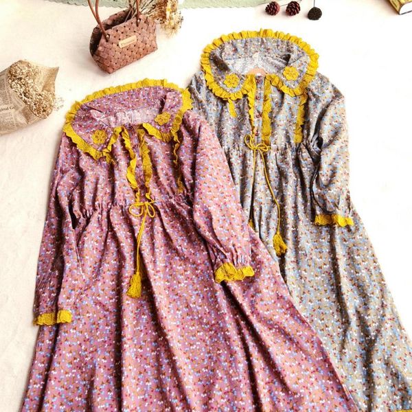 

casual dresses 2021 mori women's japanese style lace floral dress women autumn long sleeve loose md218102, Black;gray