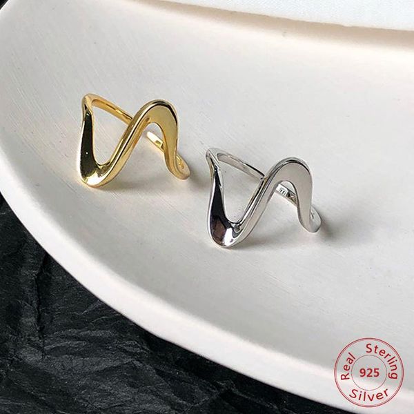 

sterling silver simple wave rings for women girl high polished irregular shape creative open ring gift adjustable jew cluster, Golden;silver