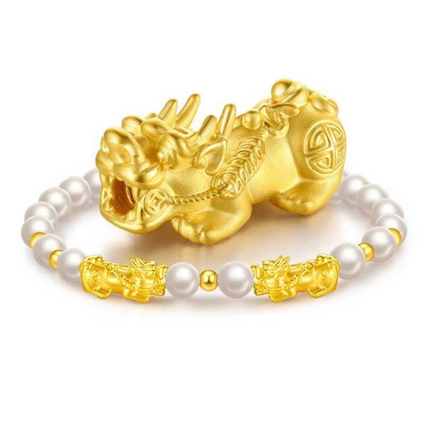 

beaded, strands 3d hard gold pixiu feng shui gift natural pearl bracelet for women pure transfer bead good lucky amulet jewellery, Black