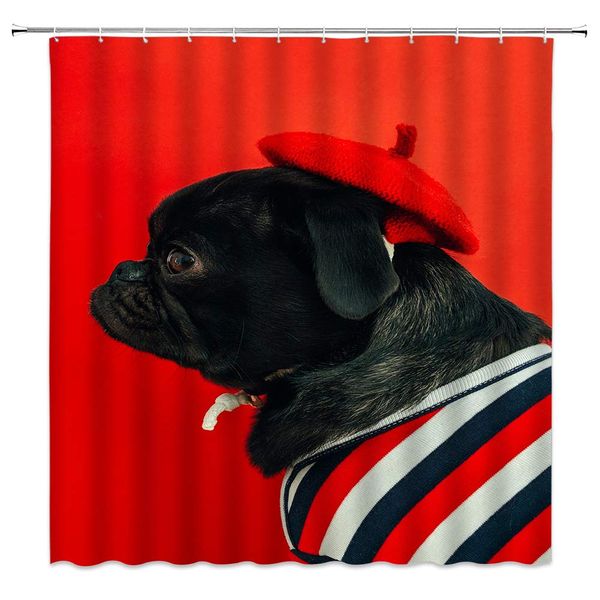 

funny dog shower curtain decor pug puppy with red hat cute pet animal red fabric bath curtains bathroom accessories polyester