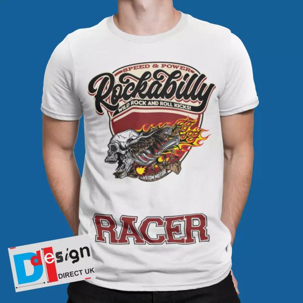 

Rockabilly Racer T-Shirt Pin Up Skull Rocker Car Racer Cool Rock n Roll Tee, White;black