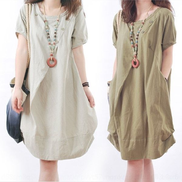 

ex93 2020 summer korean women's large size loose fat mm casual pleated cotton hemp round neck short sleeve plus size es dress scotton a