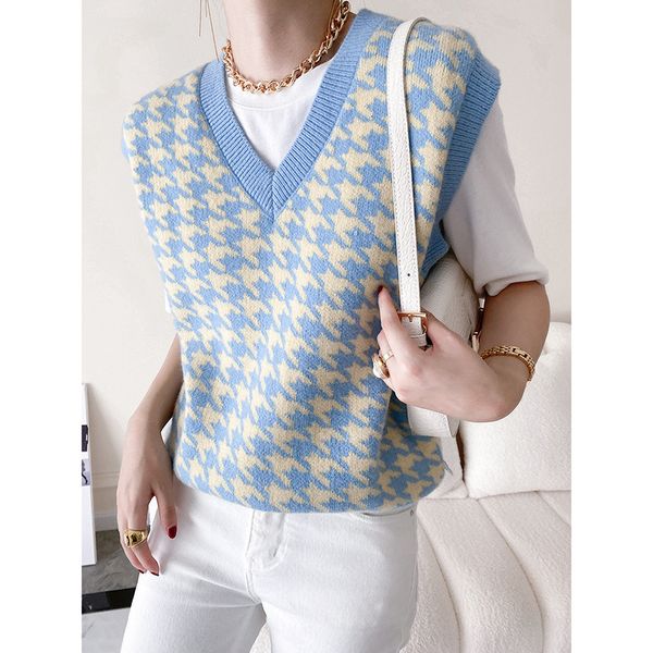 

women's sweaters vintage blue female plaid vest, fashion , loose mesh, vintage, feminine, waistcoat, large size z1p7, White;black