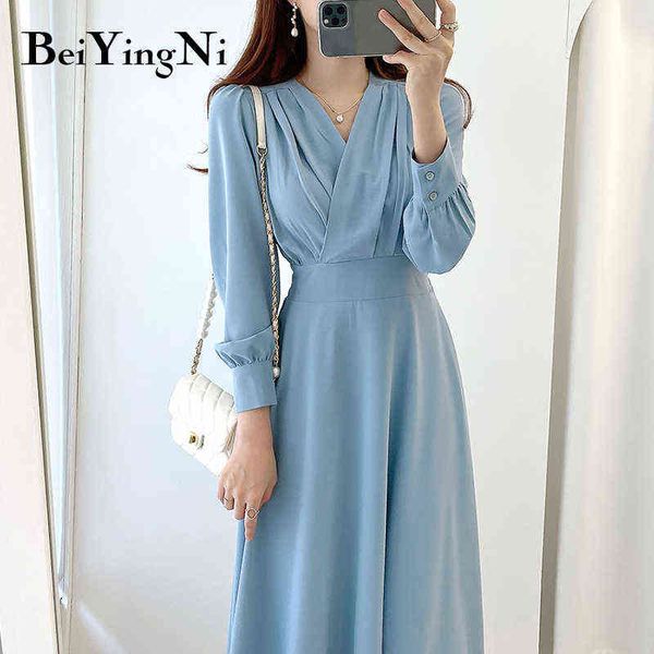 

beiyingni women v-neck high waist dress solid elegant luxury long midi a line dress female kpop style retro ladies vestidos y1204, Black;gray