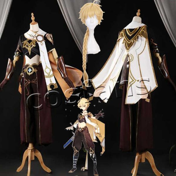 Genshin Impact Traveler Aether Game Suit Cool Gothic Comsplay Costumes Aether Traveler Golden Braid Hairs Wigs Halloween Y0903