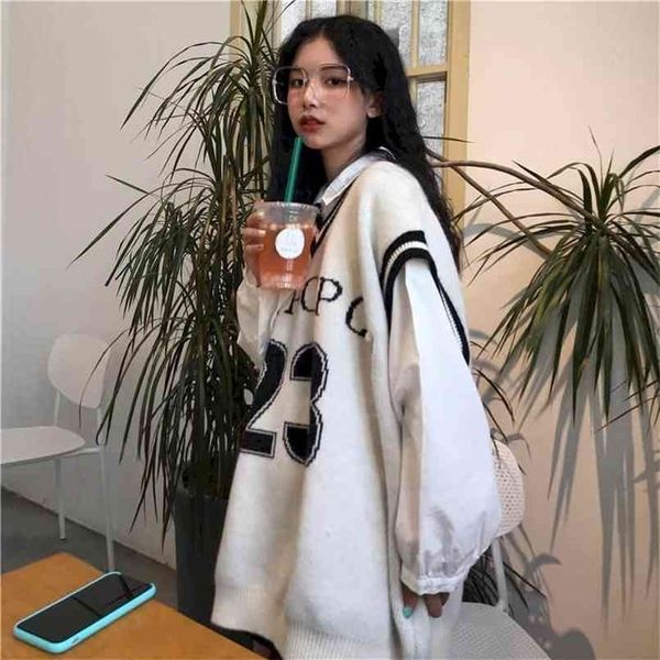 Maglione gilet con scollo a V donna autunno inverno coreano stile preppy studente oversize pullover senza maniche di media lunghezza hip hop top 210819